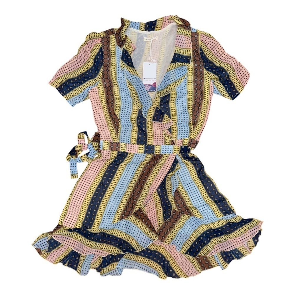 Pink and Yellow Ruffled Wrap Midi Dress